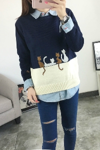 Женски пуловер с бродерия на коте 