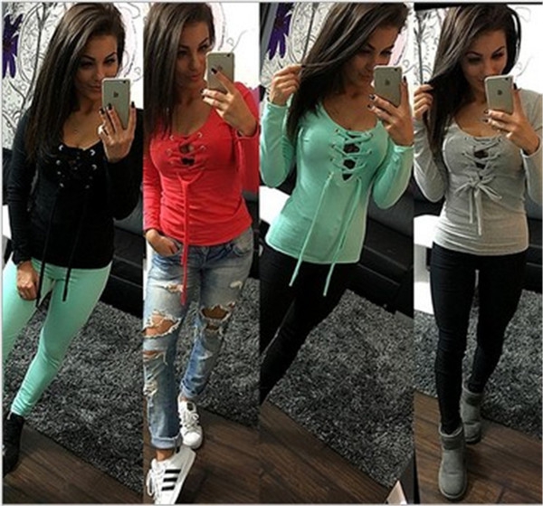 Дамски памучни блузи с дълъг ръкав с връзки: 5 цвята