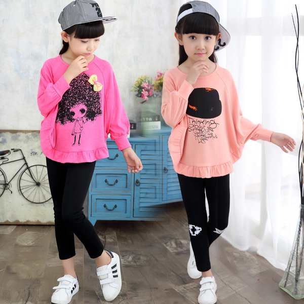 Детски есенен комплект за момичета от две части в сиво, розово.