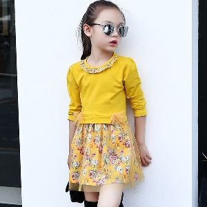 Φορέματα παιδικά φθινόπωρο σε ροζ και κίτρινο χρώμα με φυτικά μοτίβα.