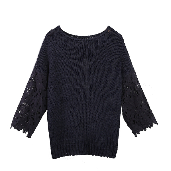   Μπλούζα με μανίκια δαντέλα - σκούρο μπλε και μπεζ