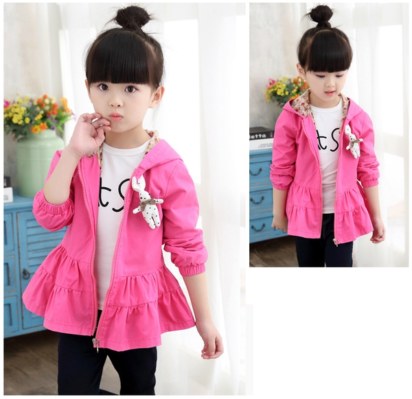 Παιδικά μπουφάν με κουκούλα για κορίτσια με λαγουδάκι σε κυκλάμινο, ροζ και γκρι χρώμα