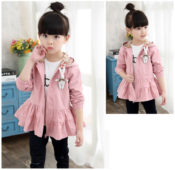 Παιδικά μπουφάν με κουκούλα για κορίτσια με λαγουδάκι σε κυκλάμινο, ροζ και γκρι χρώμα