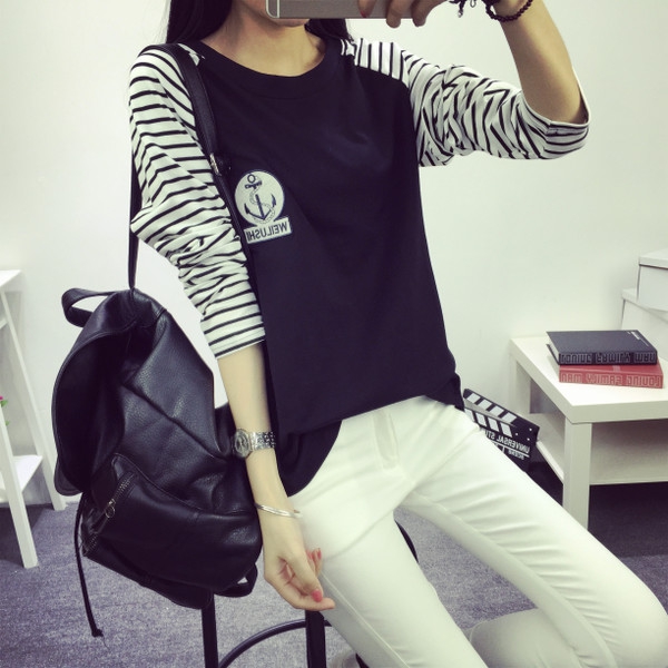 Памучна блуза с дълги раирани ръкави