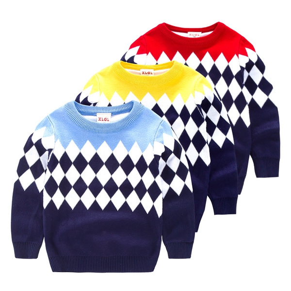 Детски пуловер за момчета на каре в син,червен и жълт модел