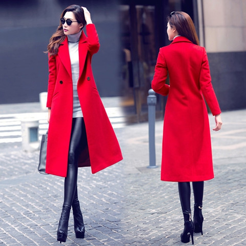 Дамски дълго и елегантно вълнено зимно палто в 2 модела - червен и черен цвят 