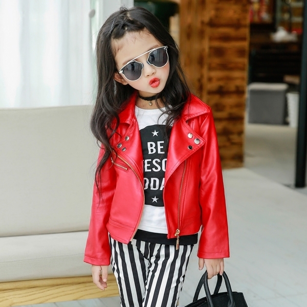Детски есенни тънки якета от изкуствена кожа  за момичета - Черни и Червени. 