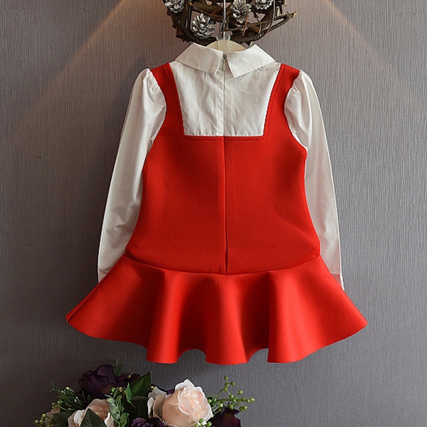 Стилна детска рокля в розово и червено с дълъг ръкав риза