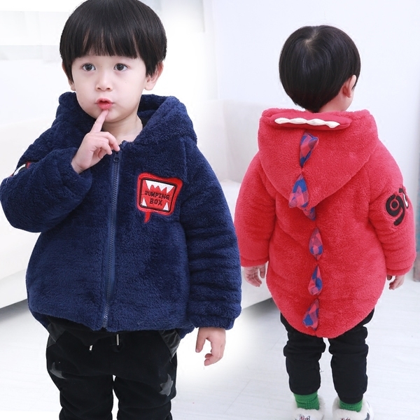 Детско зимно яке във вид на динозавър в червен, черен и тъмносин цвят с качулка