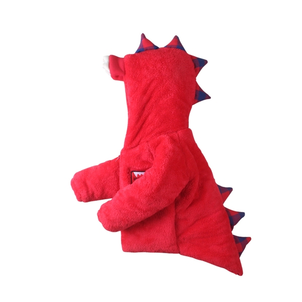 Детско зимно яке във вид на динозавър в червен, черен и тъмносин цвят с качулка