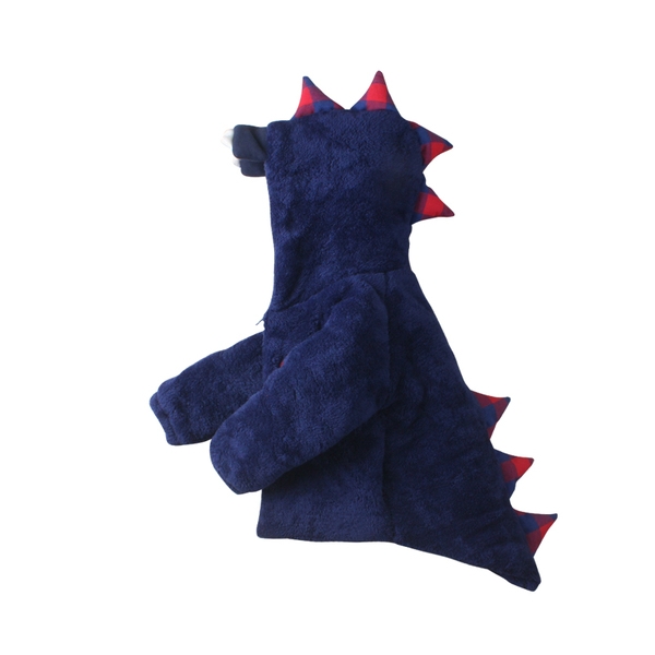 Детско зимно яке във вид на динозавър в червен, черен и тъмносин цвят с качулка