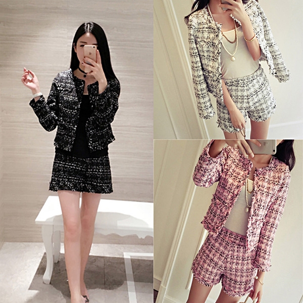 Уникален женски есенен комплект от две части - сако и къс панталон - Розов Бял Черен цвят.