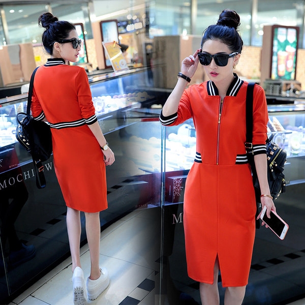 Рокля с 3/4 ръкав - Черен Зелен Оранжев Червен цвят. 