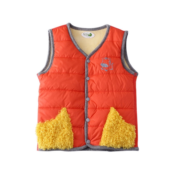 Детски елеци с пухени джобове в син, червен и оранжев цвят