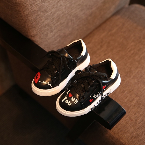 Детски обувки с връзки с надпис ,,Love you,, - Бял Черен Розов цвят. 