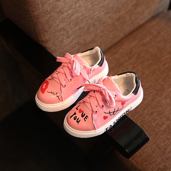 Детски обувки с връзки с надпис ,,Love you,, - Бял Черен Розов цвят. 
