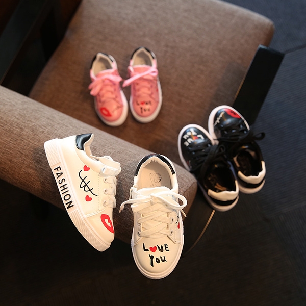 Детски обувки с връзки с надпис ,,Love you,, - Бял Черен Розов цвят. 
