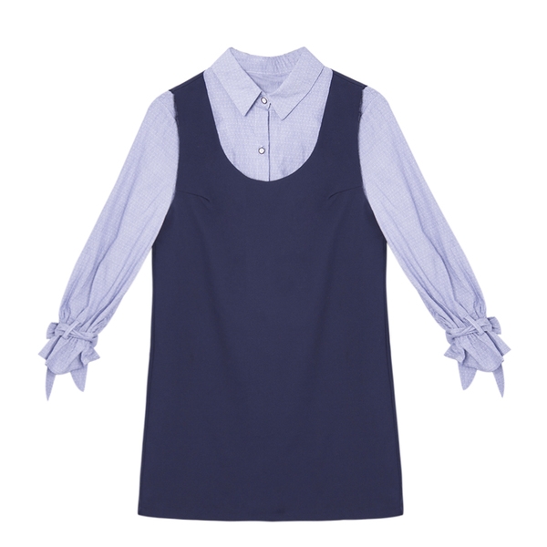 Комплект от широка дамска рокля и риза с дълъг ръкав в син цвят