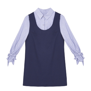 Комплект от широка дамска рокля и риза с дълъг ръкав в син цвят