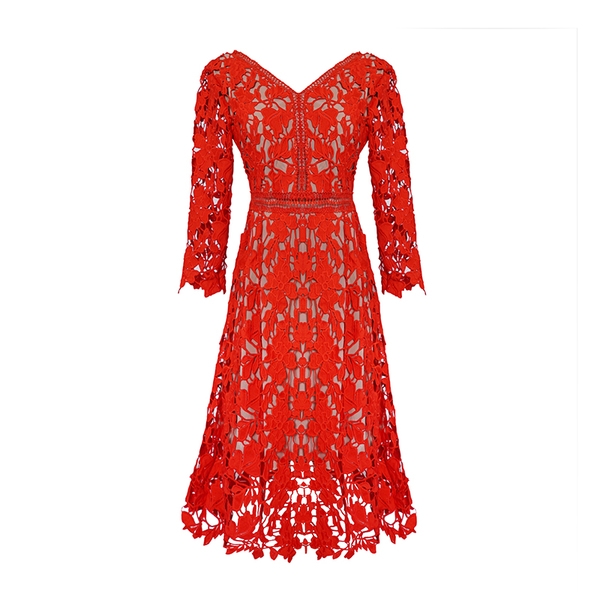 Дамска дантелена рокля с V-образно деколте в 4 цветови модела