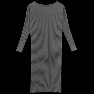 Широка дамска рокля с дълъг ръкав тип прилеп в сив, черен и тъмносин цвят