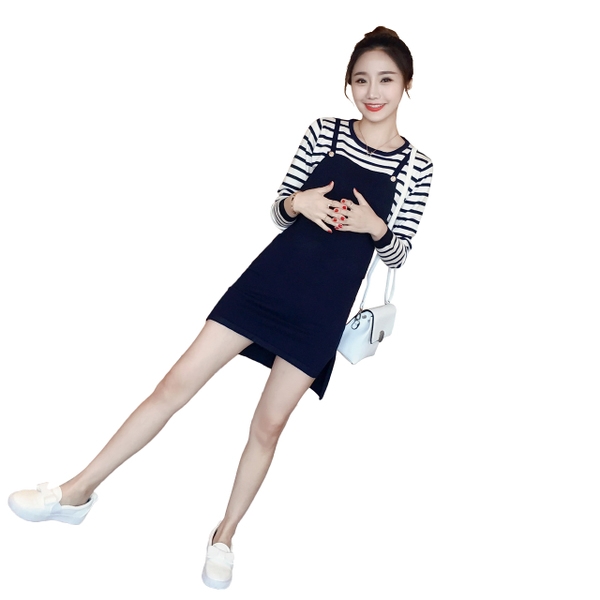 Дамска раирана рокля с дълъг ръкав в черен и тъмносин цвят