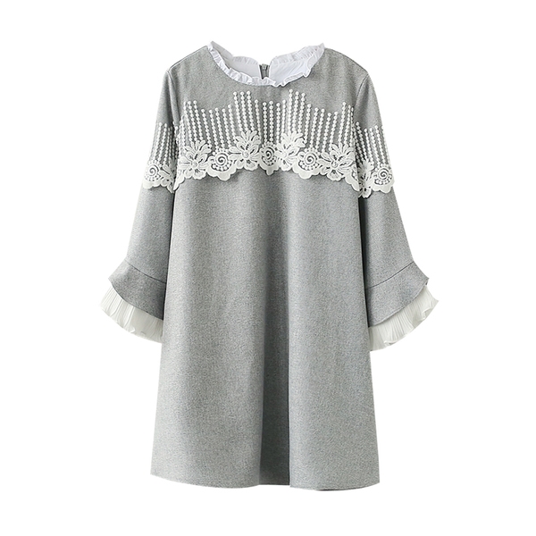 Дамска стилна рокля с дантелена яка и дантелени ръкави в светлосив цвят