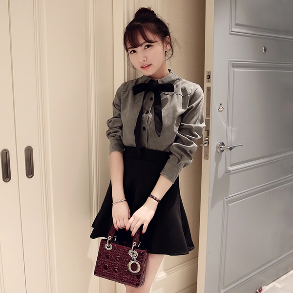 Дамски елегантен комплект от две части - риза в няколко цвята и черна пола 