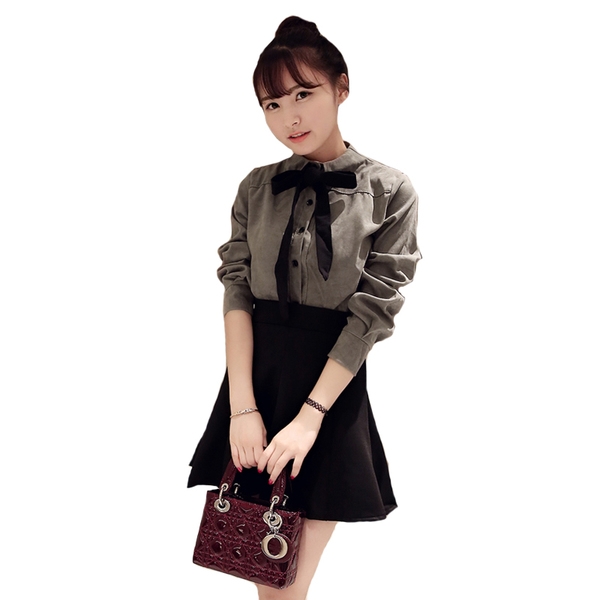 Дамски елегантен комплект от две части - риза в няколко цвята и черна пола 