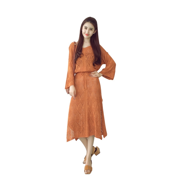 Модерна дамска рокля в бял и кафяв цвят - полупрозрачна