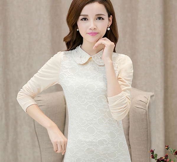 Дантелена дамска риза с пришити камъни на яката в 4 цвята