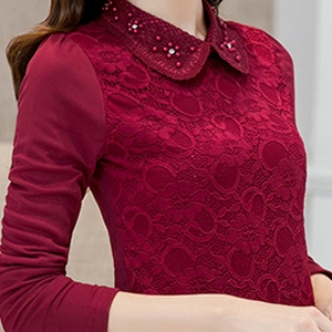 Дантелена дамска риза с пришити камъни на яката в 4 цвята