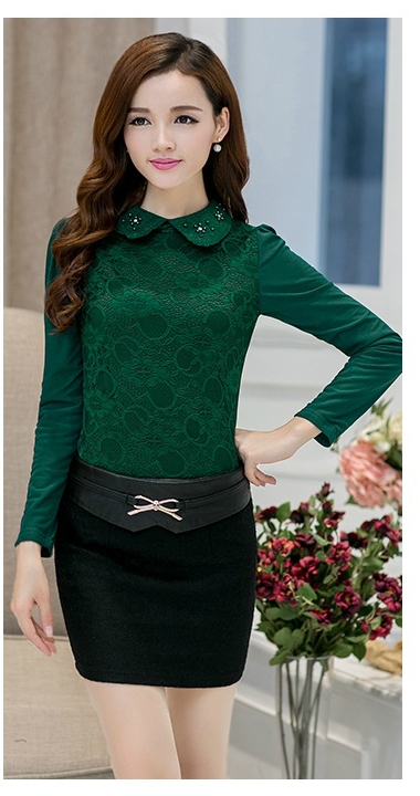 Дантелена дамска риза с пришити камъни на яката в 4 цвята