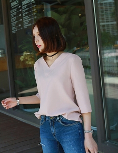 Γυναικείο σιφόν πουκάμισο με V-λαιμό και 3/4 μανίκια μοντέλο 3 χρώμα