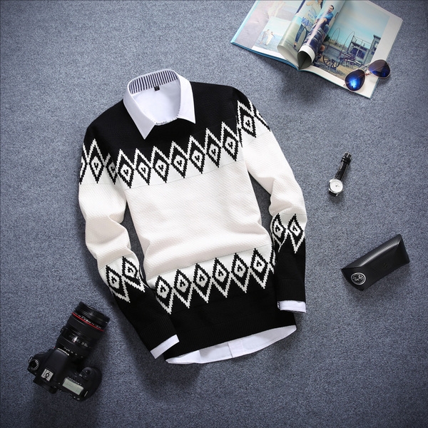  Мъжки пуловер О-образно деколте в различни декорации и цветове