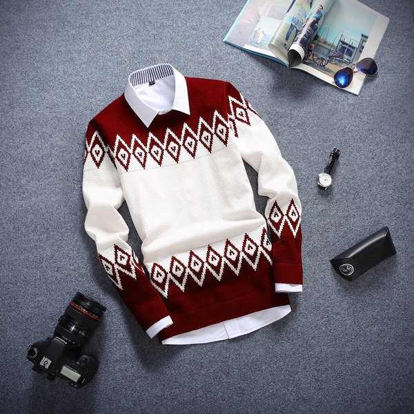  Мъжки пуловер О-образно деколте в различни декорации и цветове