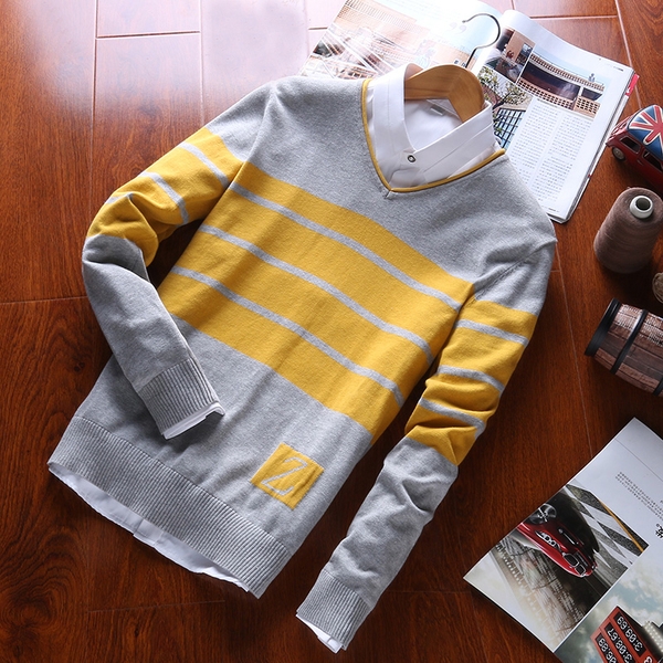 Мъжки пуловер тип Слим с О-образно деколте в 4 цветови модела