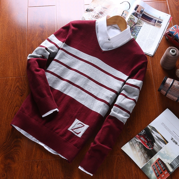 Мъжки пуловер тип Слим с О-образно деколте в 4 цветови модела