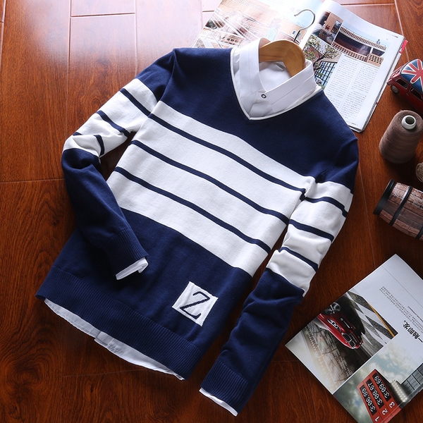 Мъжки пуловер тип Слим с О-образно деколте в 4 цветови модела