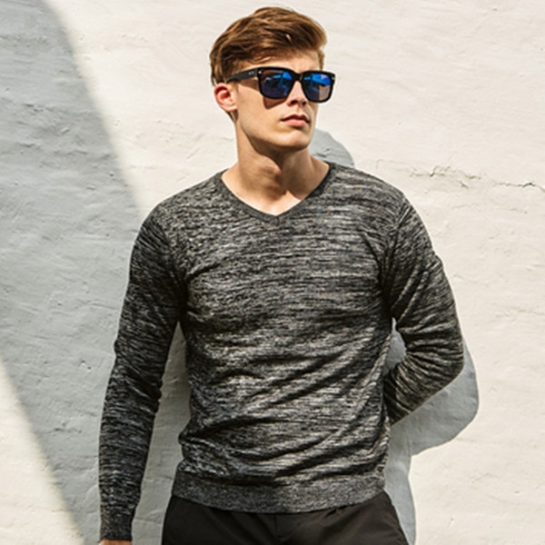 Мъжки стилен пуловер с V-образно деколте в син, сив, тъмносив, червен и лилав цвят