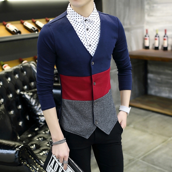 Мъжки есенни жилетки с V-oбразно деколте и копчета - Слим памучни и с дълги ръкави