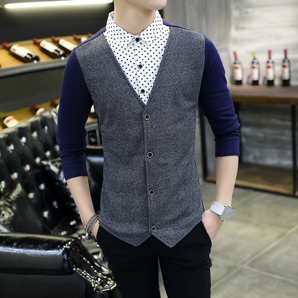Мъжки есенни жилетки с V-oбразно деколте и копчета - Слим памучни и с дълги ръкави