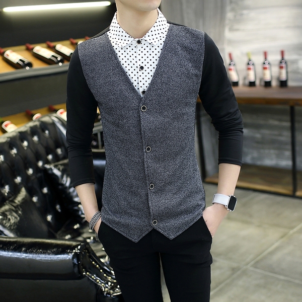 Мъжки есенни жилетки с V-oбразно деколте и копчета - Слим памучни и с дълги ръкави