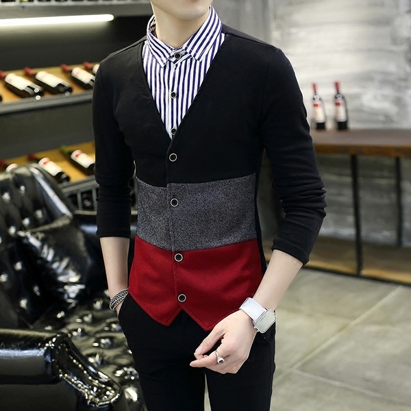 Мъжки есенни жилетки с V-oбразно деколте и копчета - Слим памучни и с дълги ръкави