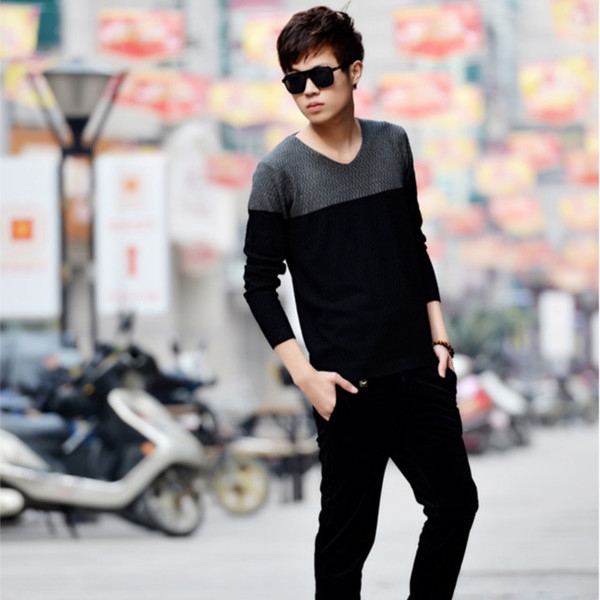 Дебел мъжки пуловер в тъмни цветове тип Слим