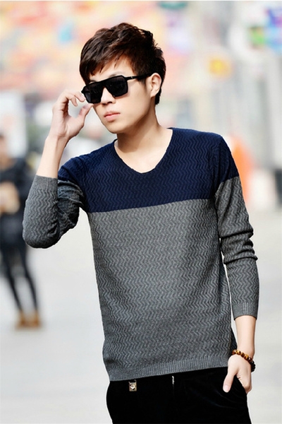 Дебел мъжки пуловер в тъмни цветове тип Слим