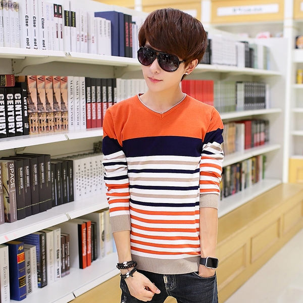 Есен тънък раздел V-образно деколте пуловер плета риза юноша райета памучни корейски студенти хеджиращи пуловер прилив