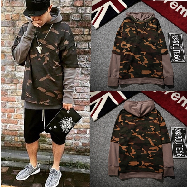 Камуфлажен мъжки суичър с качулка и ръкави в бял, черен и кафяв цвят