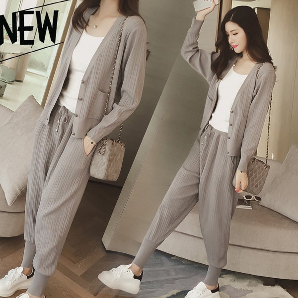 Φθινοπωρινό γυναικείο σύνολο 2 τεμαχίων - ζακέτα και παντελόνι - Γκρι, Μαύρο, Καφέ.