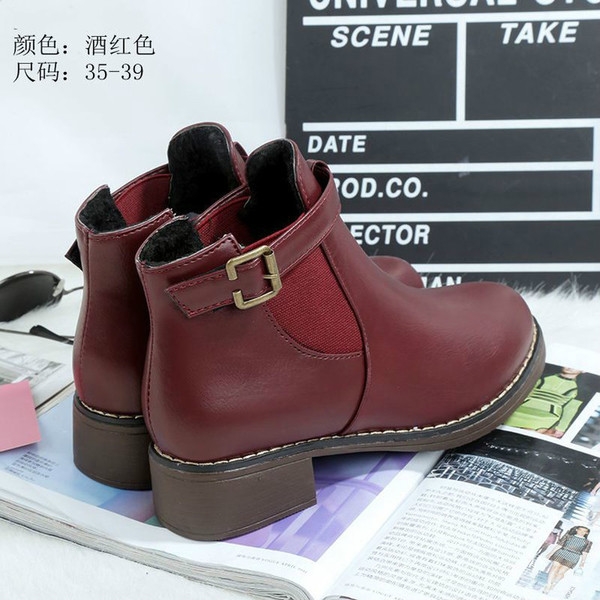 Зимни дамски боти с малко токче в три цвята черни виненочервени от изкуствена кожа